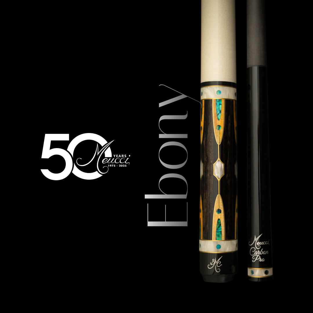 Meucci Pool cue with '50 Years Meucci' and 'Ebony' text on a black background